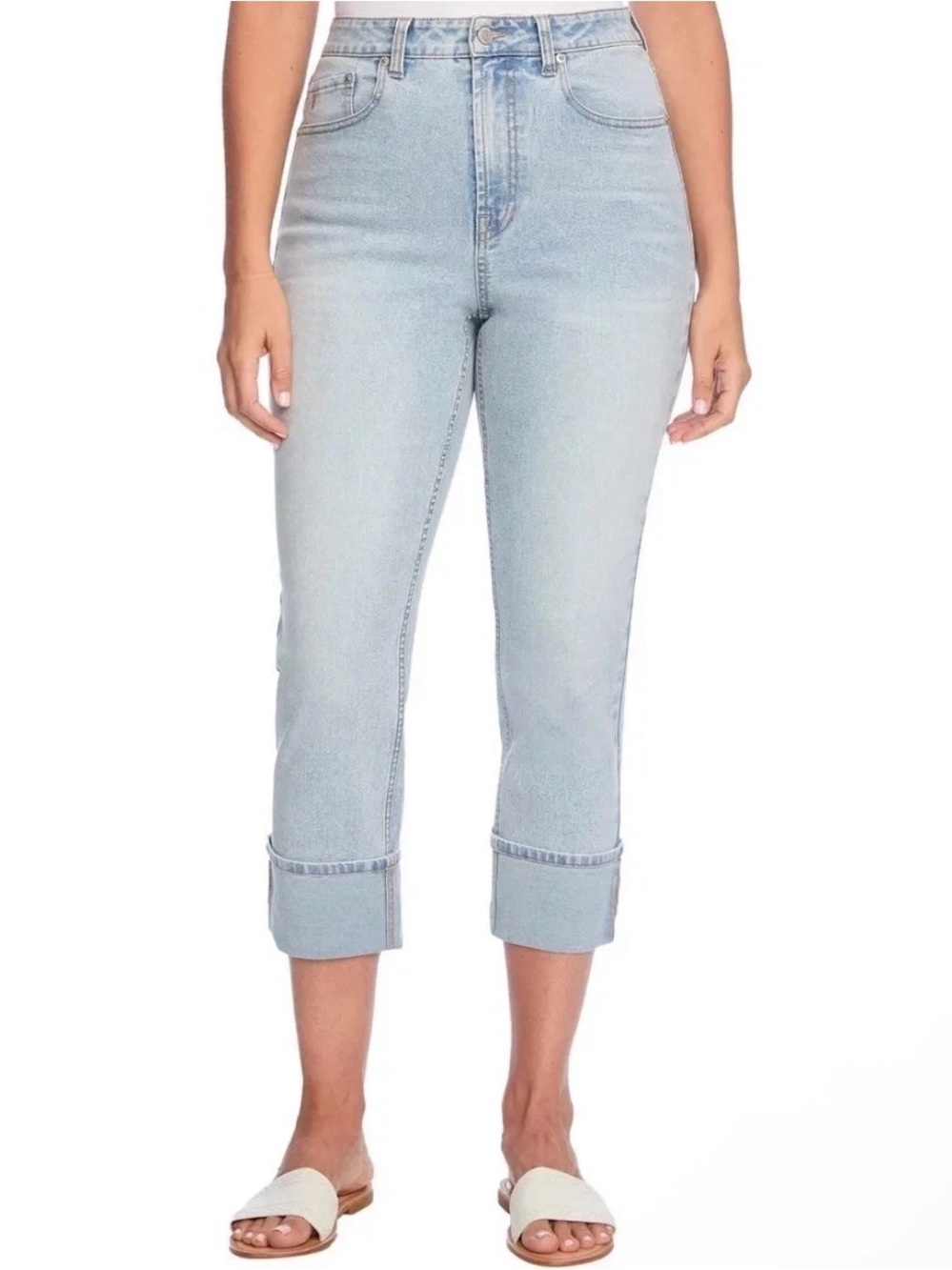 Frye Light Blue High-Rise Cropped Jeans with Cuffed Hem